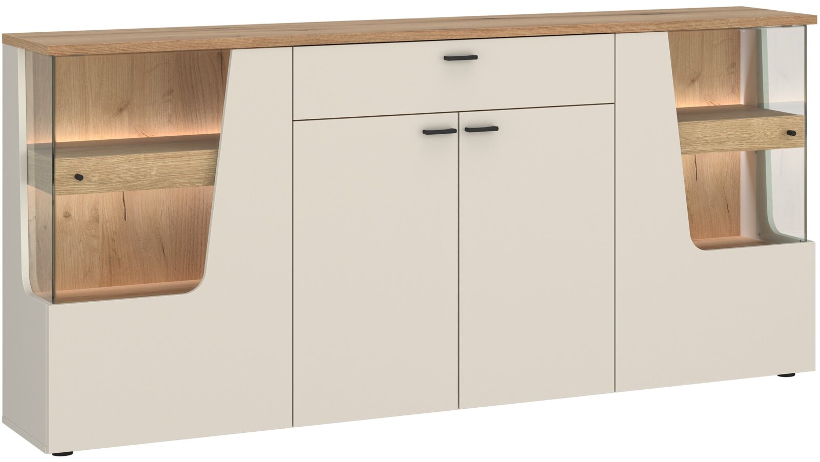 Z2 Dressoir CUT OUT Modern dressoir met houten en glazen elementen, gezien vanaf de voorkant