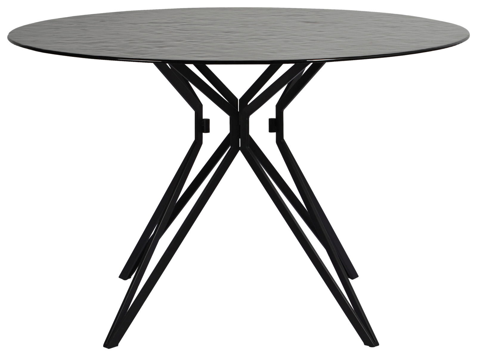 Runder Esstisch mit schwarzer Tischplatte und modernen, geometrischen Metallbeinen, seitliche Perspektive