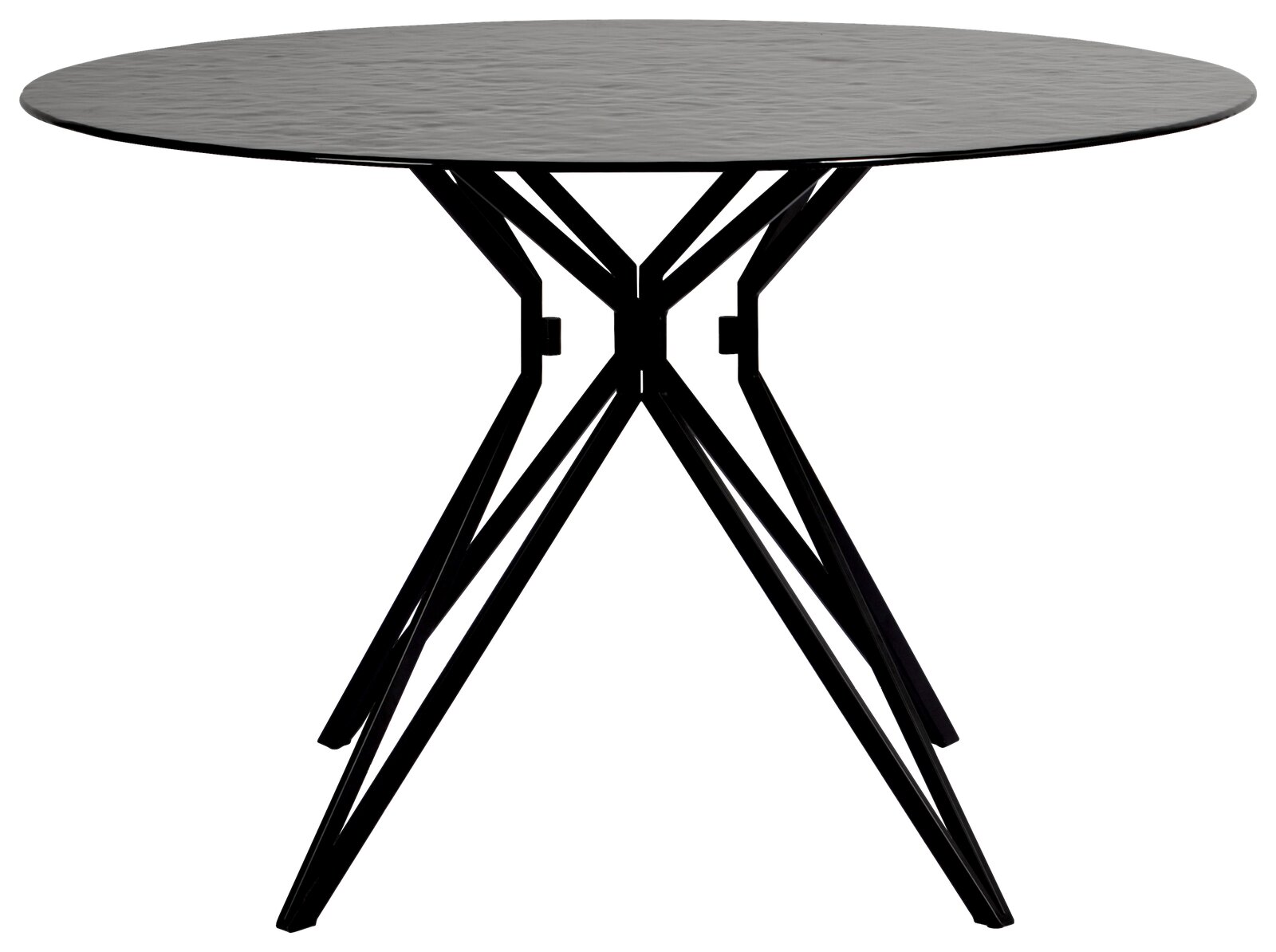 Runder Esstisch mit schwarzer Tischplatte und modernen, geometrischen Metallbeinen, seitliche Perspektive