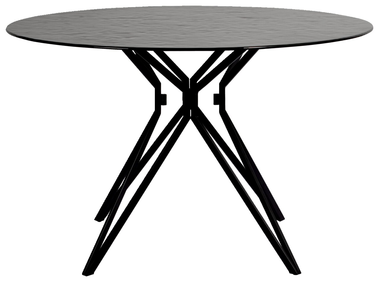 Runder Esstisch mit schwarzer Tischplatte und modernen, geometrischen Metallbeinen, seitliche Perspektive