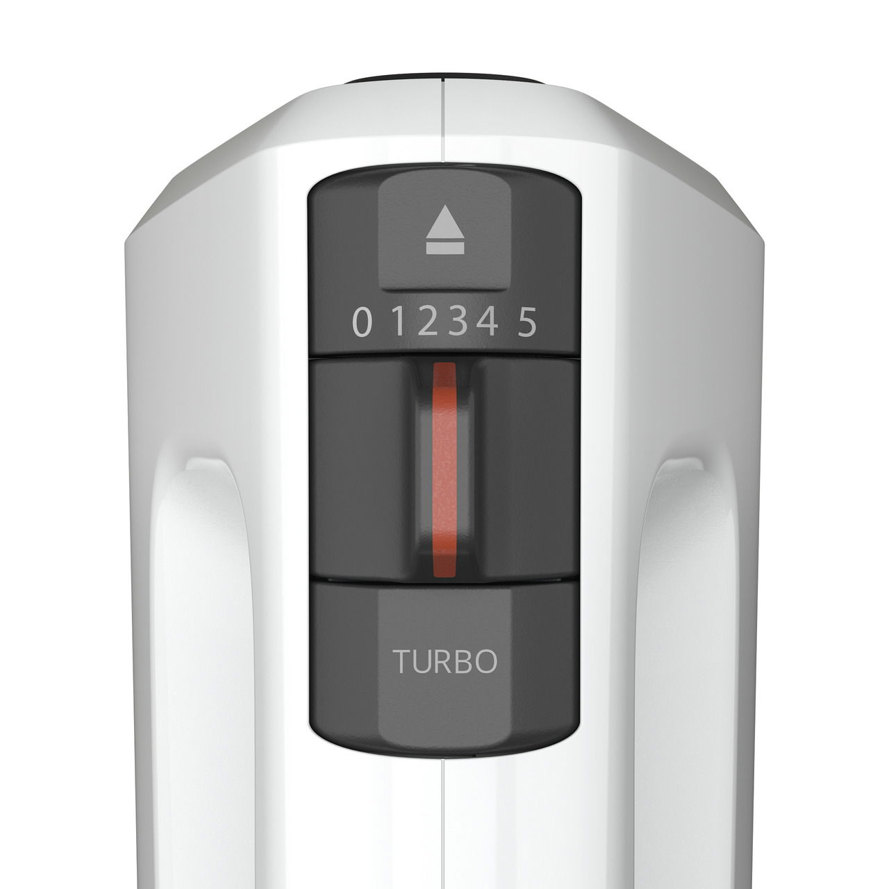 Nahaufnahme der Bedienelemente eines weißen Handmixers 3Mix 4000 mit Geschwindigkeitsstufen und Turbo-Taste.