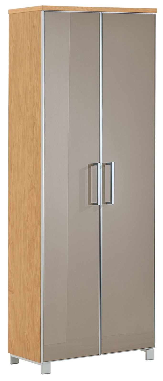 Moderner Dielenschrank mit Holzseiten und glänzenden Türen, Frontalansicht