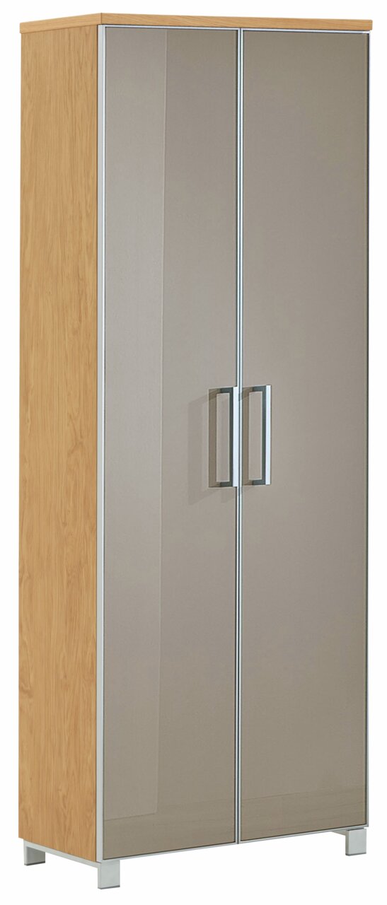 Moderner Dielenschrank mit Holzseiten und glänzenden Türen, Frontalansicht