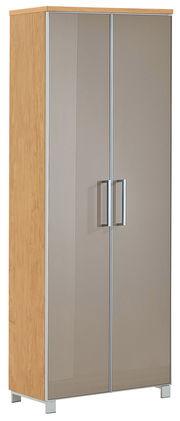 Moderner Dielenschrank mit Holzseiten und glänzenden Türen, Frontalansicht