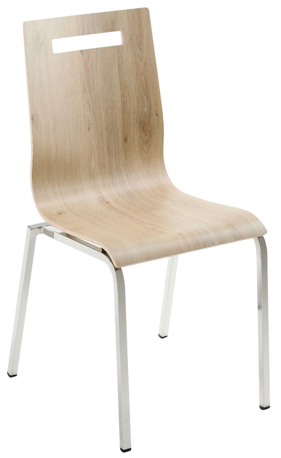 Moderner Stapelstuhl aus hellem Holz mit Metallbeinen, seitliche Perspektive