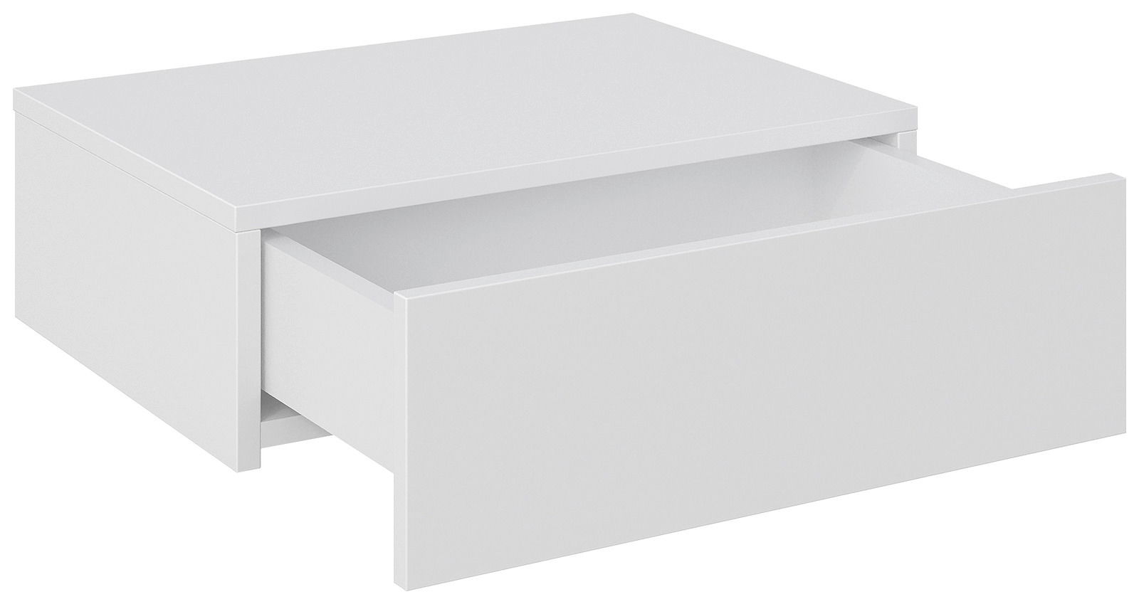 Weiße Hängekonsole mit einer offenen Schublade, perspektivisch von vorne links betrachtet.