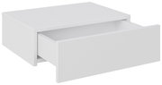 Weiße Hängekonsole mit einer offenen Schublade, perspektivisch von vorne links betrachtet.