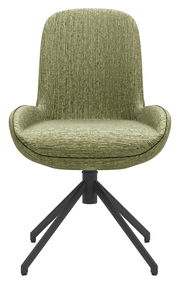 Grüner Stuhl mit gepolsterter Sitzfläche und Rückenlehne, schwarzes Metallgestell, Frontalansicht