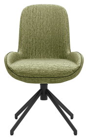 Grüner Stuhl mit gepolsterter Sitzfläche und Rückenlehne, schwarzes Metallgestell, Frontalansicht