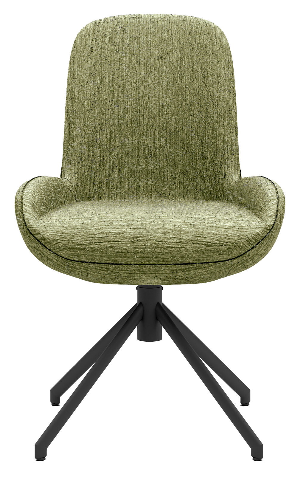 Grüner Stuhl mit gepolsterter Sitzfläche und Rückenlehne, schwarzes Metallgestell, Frontalansicht