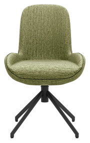 Grüner Stuhl mit gepolsterter Sitzfläche und Rückenlehne, schwarzes Metallgestell, Frontalansicht