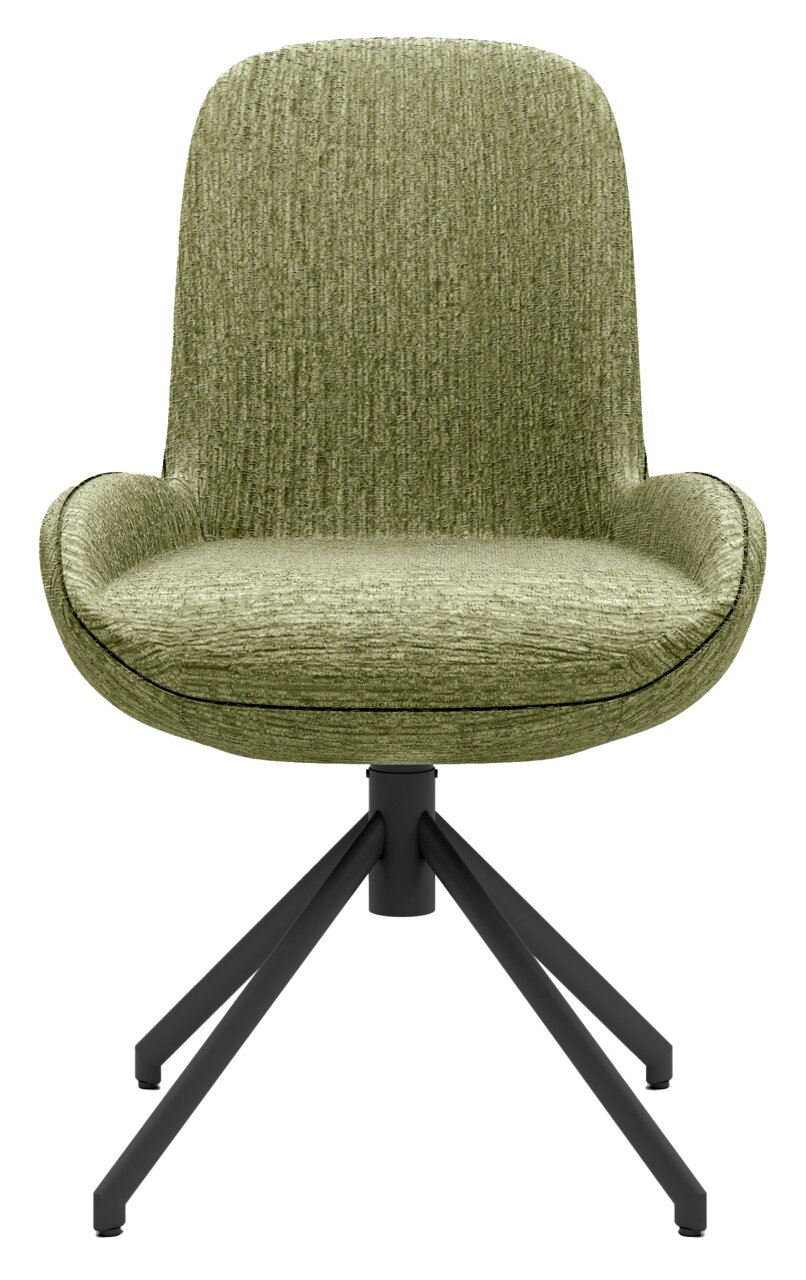 Grüner Stuhl mit gepolsterter Sitzfläche und Rückenlehne, schwarzes Metallgestell, Frontalansicht