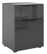 Moderne Nachtkommode in dunklem Grau mit zwei Schubladen, seitliche Perspektive