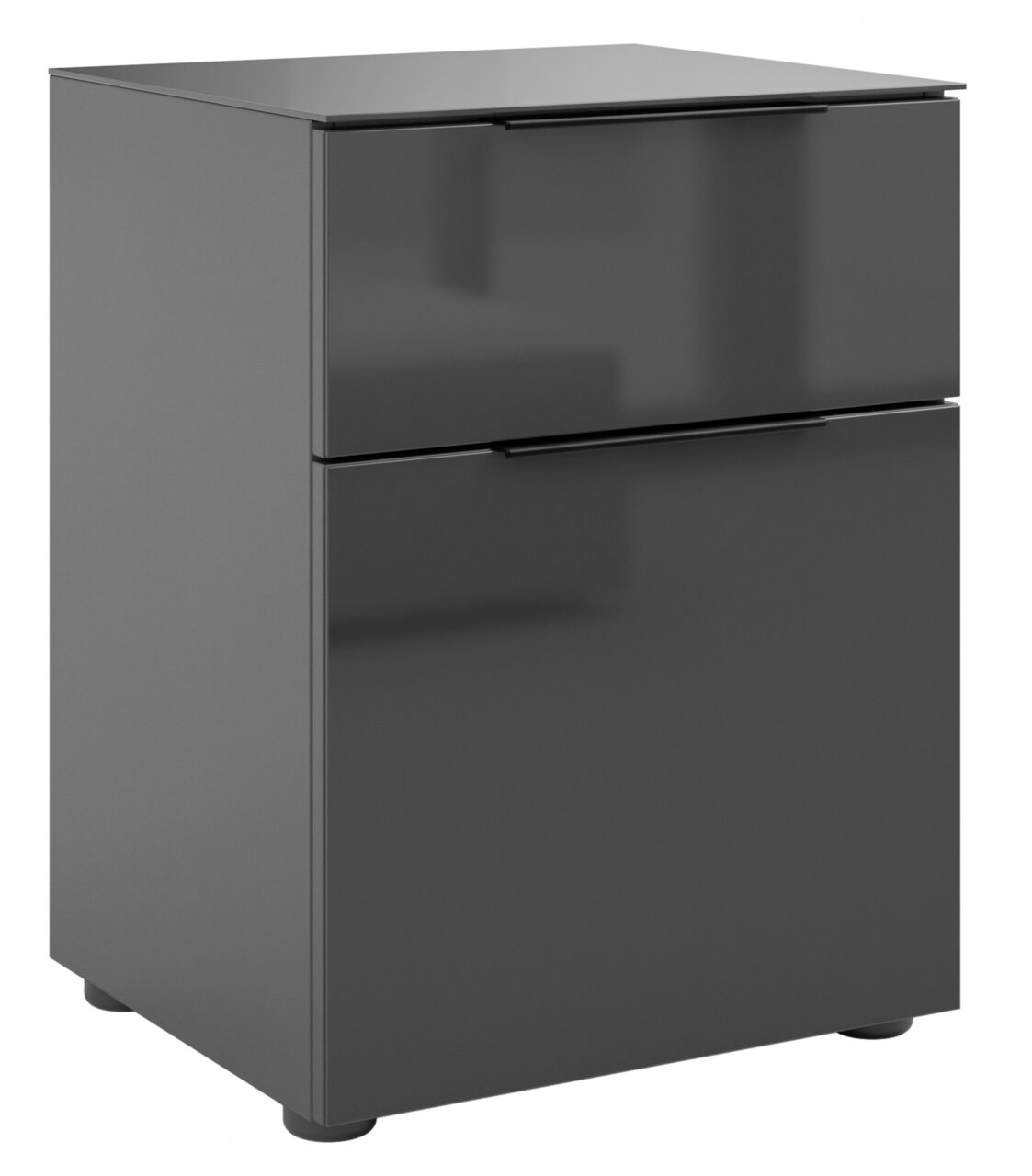 Moderne Nachtkommode in dunklem Grau mit zwei Schubladen, seitliche Perspektive