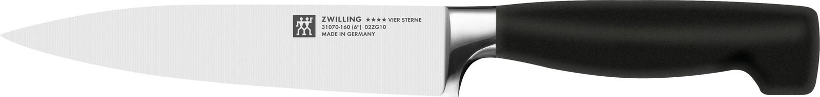 Küchenmesser mit schwarzem Griff und silberner Klinge, seitliche Ansicht