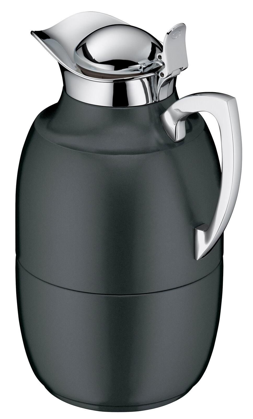 Elegante Isolierkanne Juwel in seitlicher Perspektive mit glänzendem Chromdeckel und Griff.