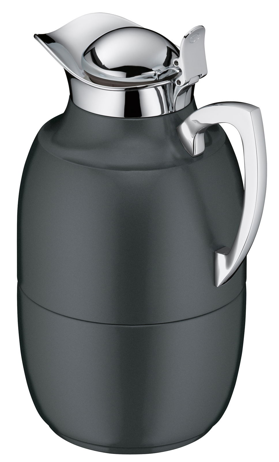 Elegante Isolierkanne Juwel in seitlicher Perspektive mit glänzendem Chromdeckel und Griff.