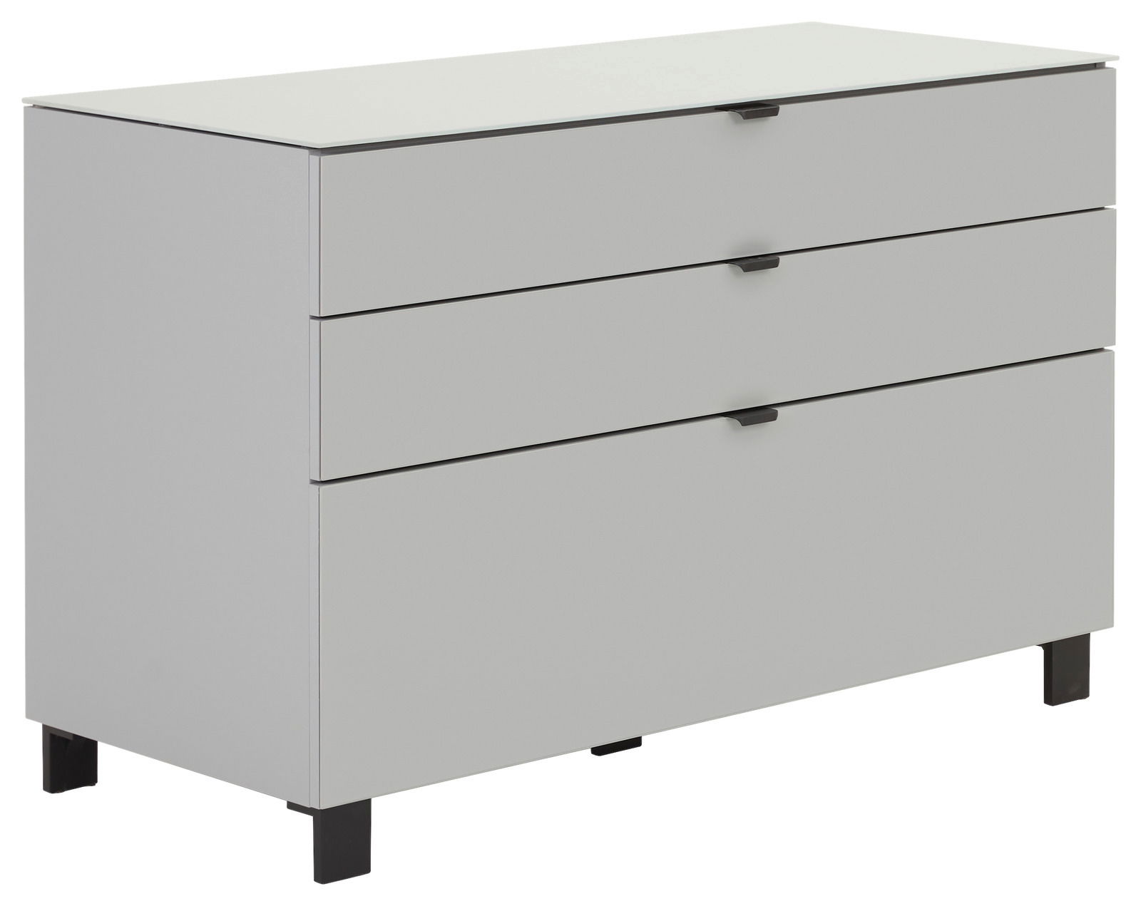 Modernes Sideboard mit drei Schubladen, in einer schlichten, grauen Farbe, aus einer leicht seitlichen Perspektive fotografiert.