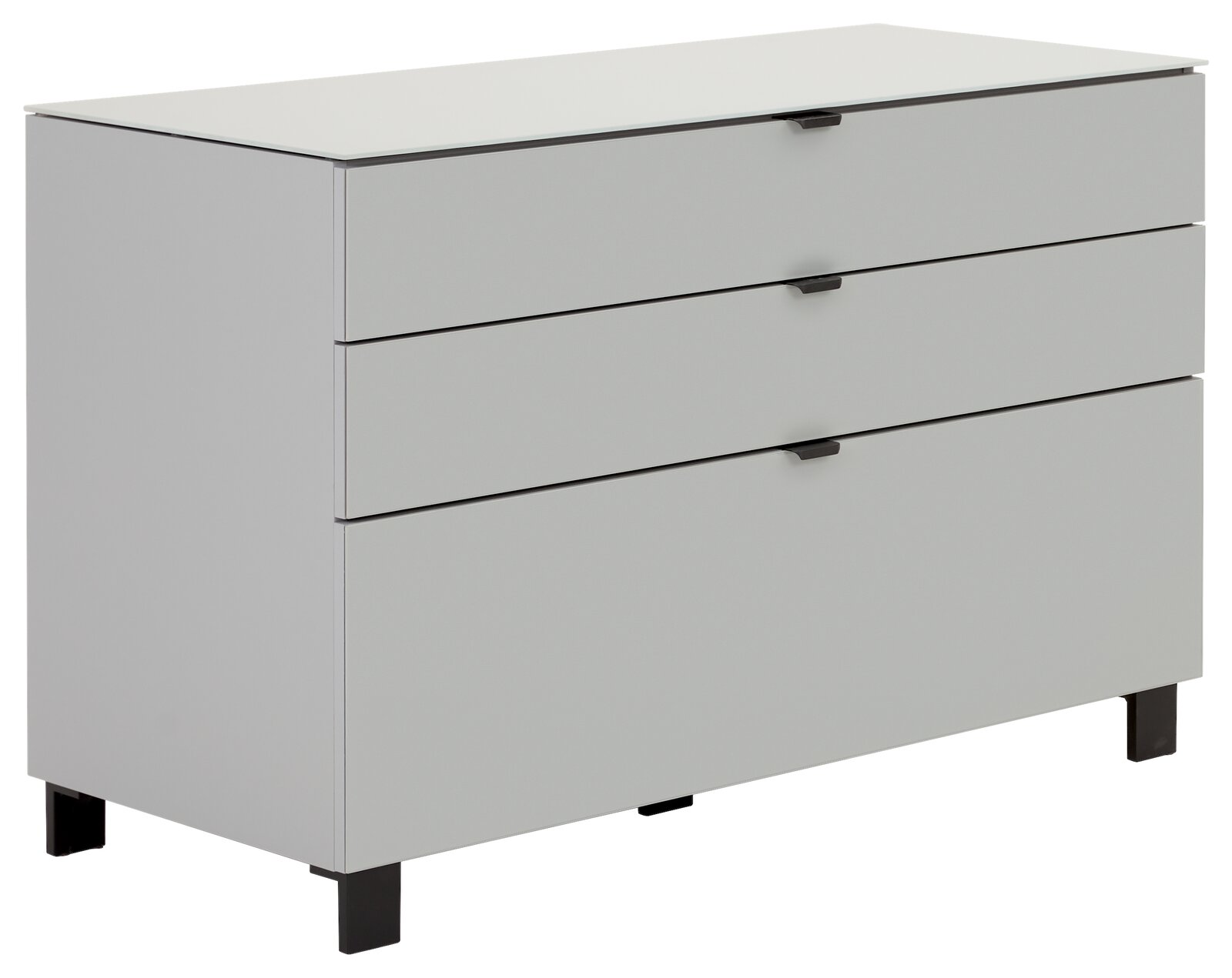 Modernes Sideboard mit drei Schubladen, in einer schlichten, grauen Farbe, aus einer leicht seitlichen Perspektive fotografiert.