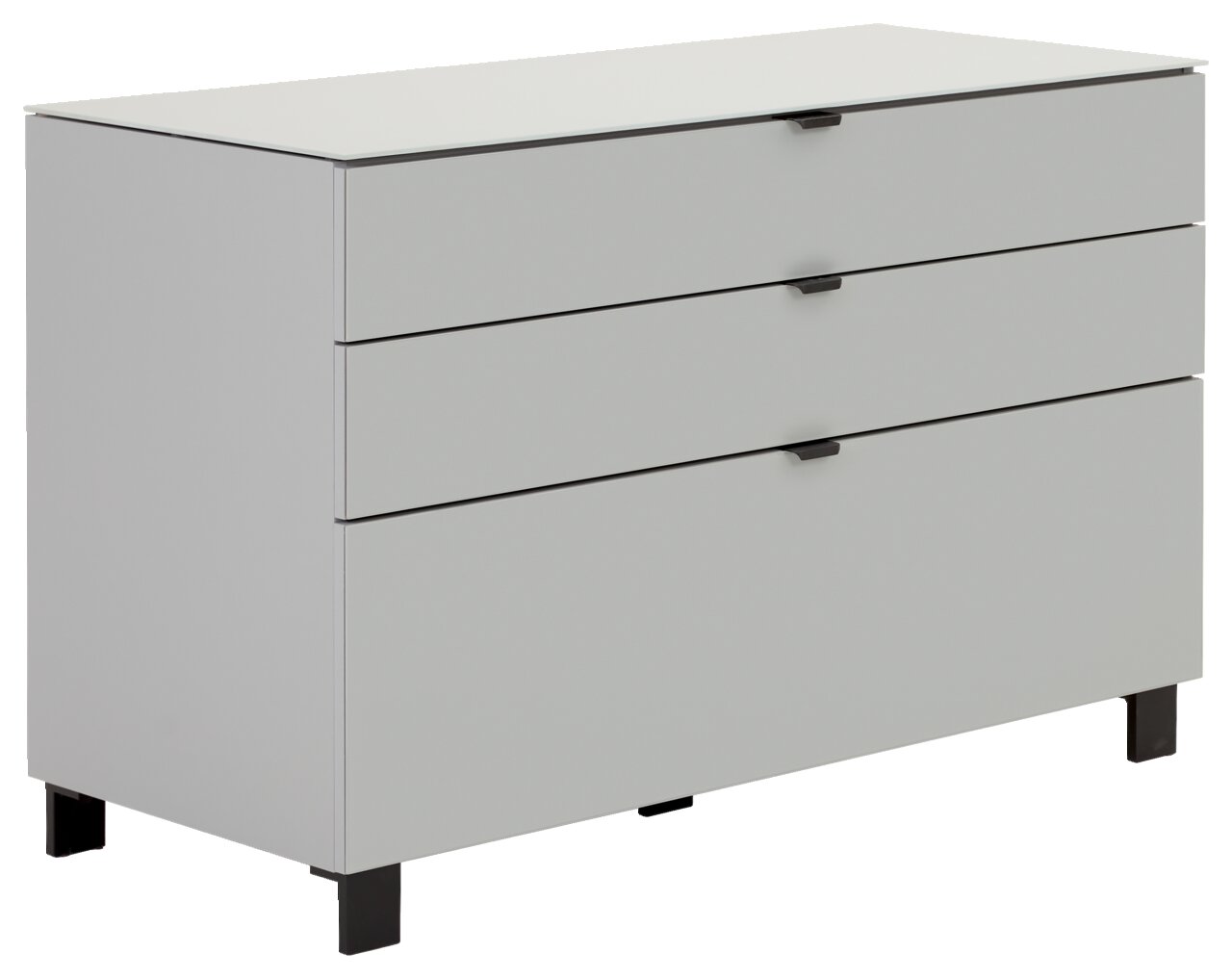 Modernes Sideboard mit drei Schubladen, in einer schlichten, grauen Farbe, aus einer leicht seitlichen Perspektive fotografiert.