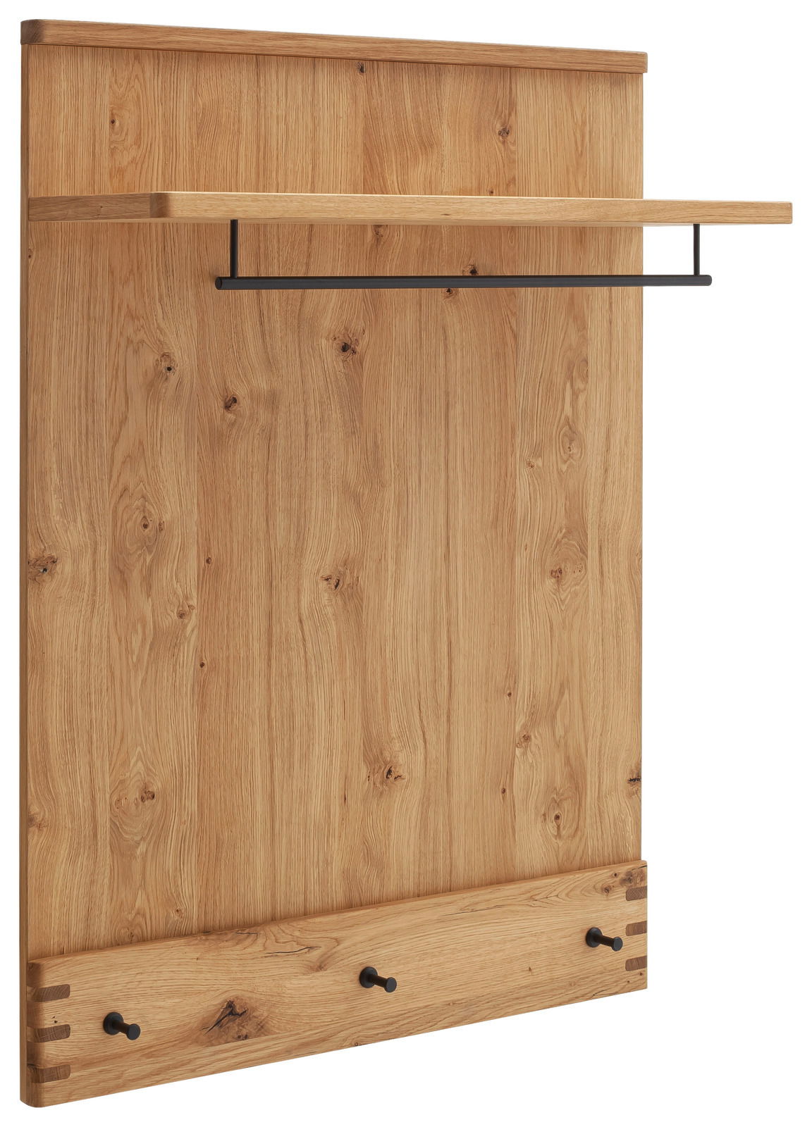 Waldwelt Garderobenpaneel LOPEZ Garderobenpaneel aus Holz mit natürlicher Maserung, schwarzer Kleiderstange und drei Haken, seitliche Perspektive