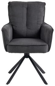 Grauer Sessel mit geripptem Stoffbezug und schwarzem Metallgestell, Frontalansicht