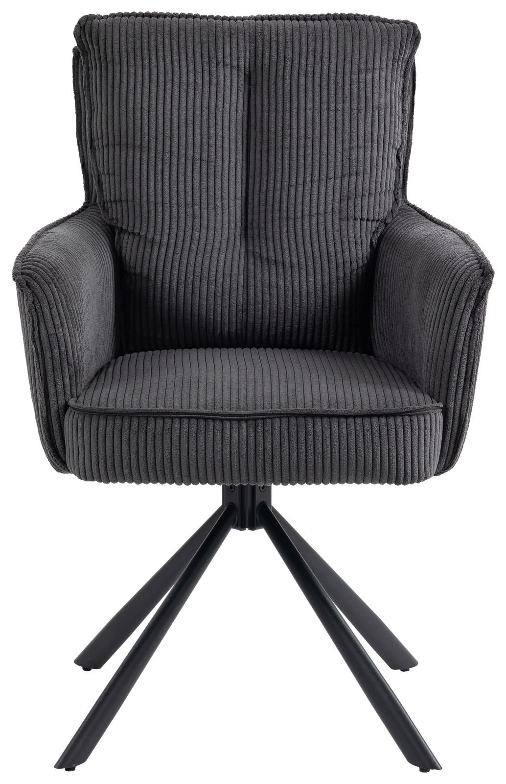 Grauer Sessel mit geripptem Stoffbezug und schwarzem Metallgestell, Frontalansicht