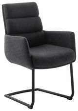 Moderner Freischwinger-Sessel in dunklem Stoffbezug, seitliche Perspektive