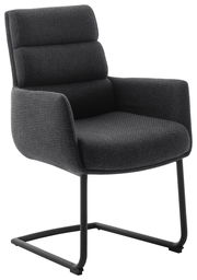 Moderner Freischwinger-Sessel in dunklem Stoffbezug, seitliche Perspektive