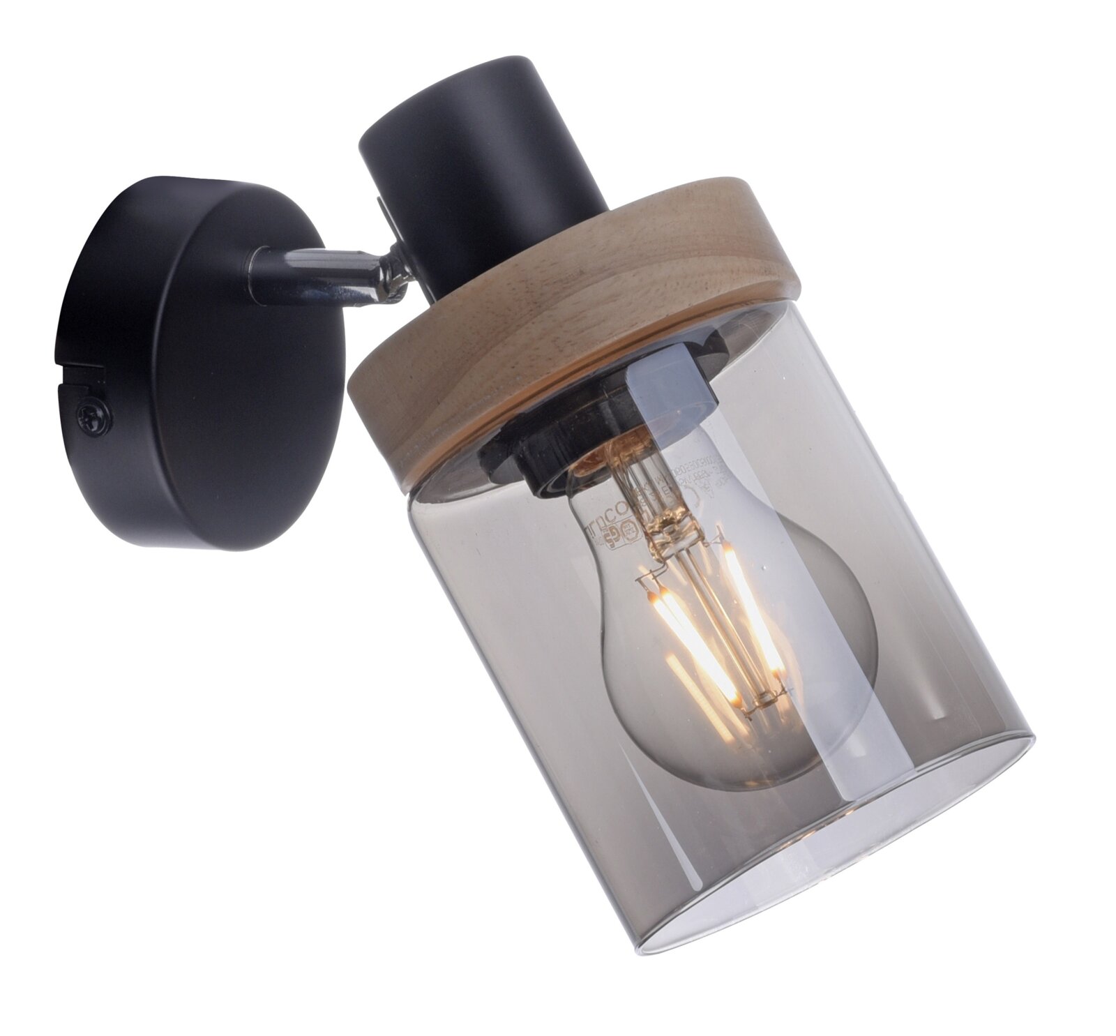 Moderne Wandlampe in Schwarz mit Holzring und rauchgrauem Glaszylinder, sichtbares Leuchtmittel; Produktaufnahme aus schräger Seitenansicht