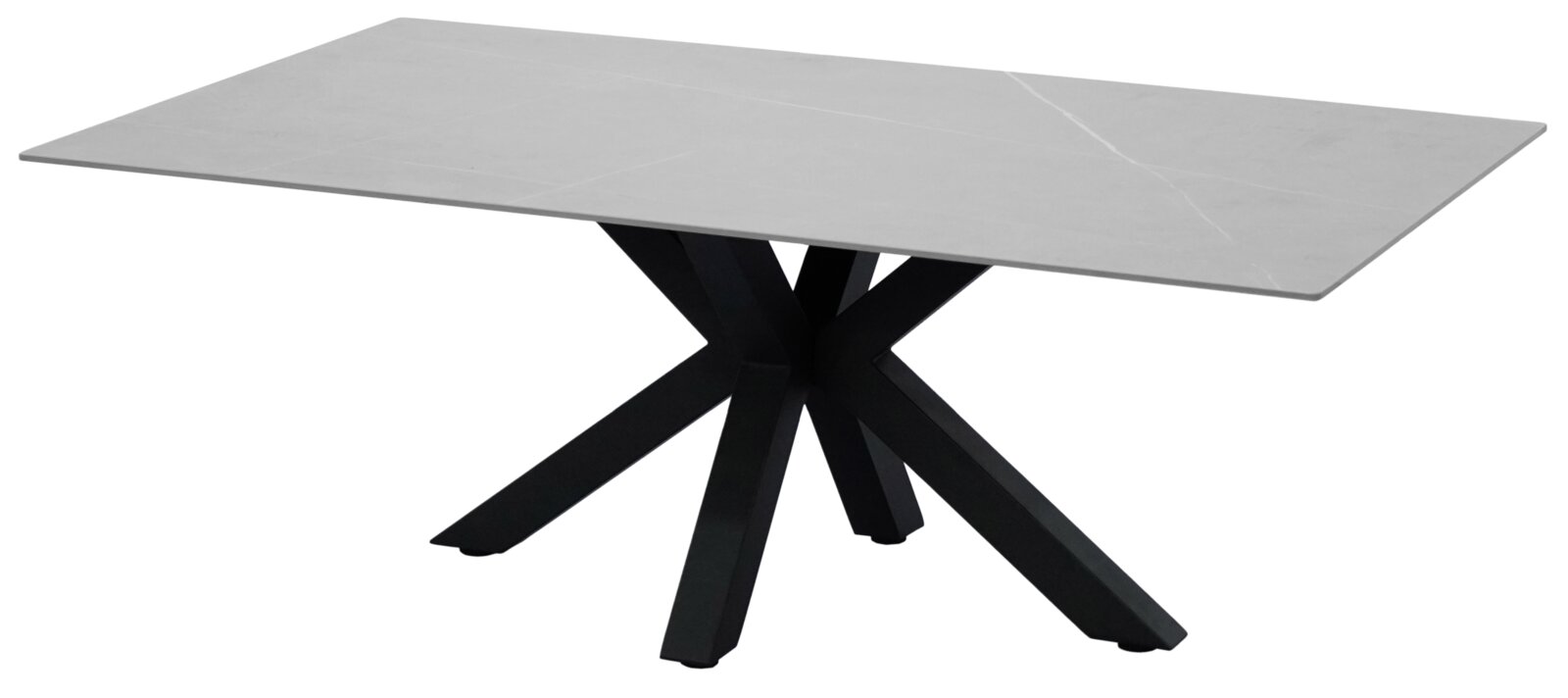 Moderner Couchtisch mit rechteckiger, grauer Tischplatte und schwarzem, gekreuztem Metallgestell, seitliche Perspektive