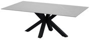 Moderner Couchtisch mit rechteckiger, grauer Tischplatte und schwarzem, gekreuztem Metallgestell, seitliche Perspektive