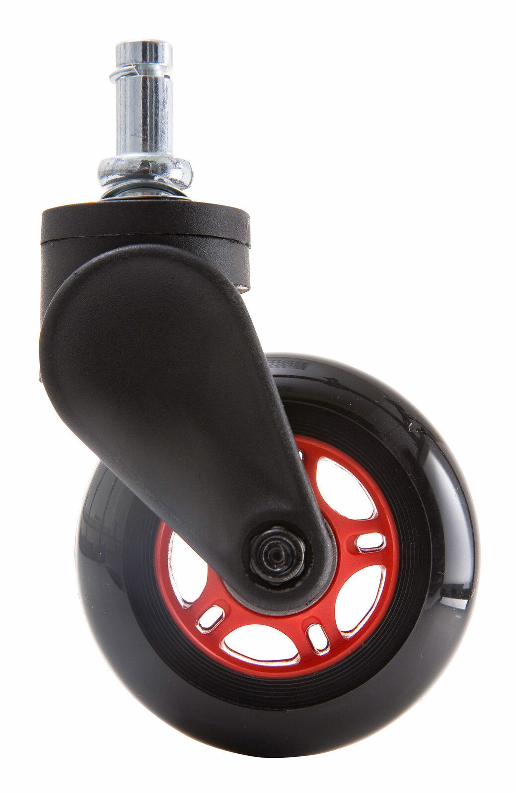 Nahaufnahme einer schwarzen Hartbodenrolle mit rotem Felgenkern, seitliche Perspektive