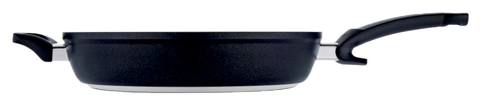 Seitliche Ansicht einer schwarzen Comfort Pfanne mit zwei Griffen, 32 cm Durchmesser.
