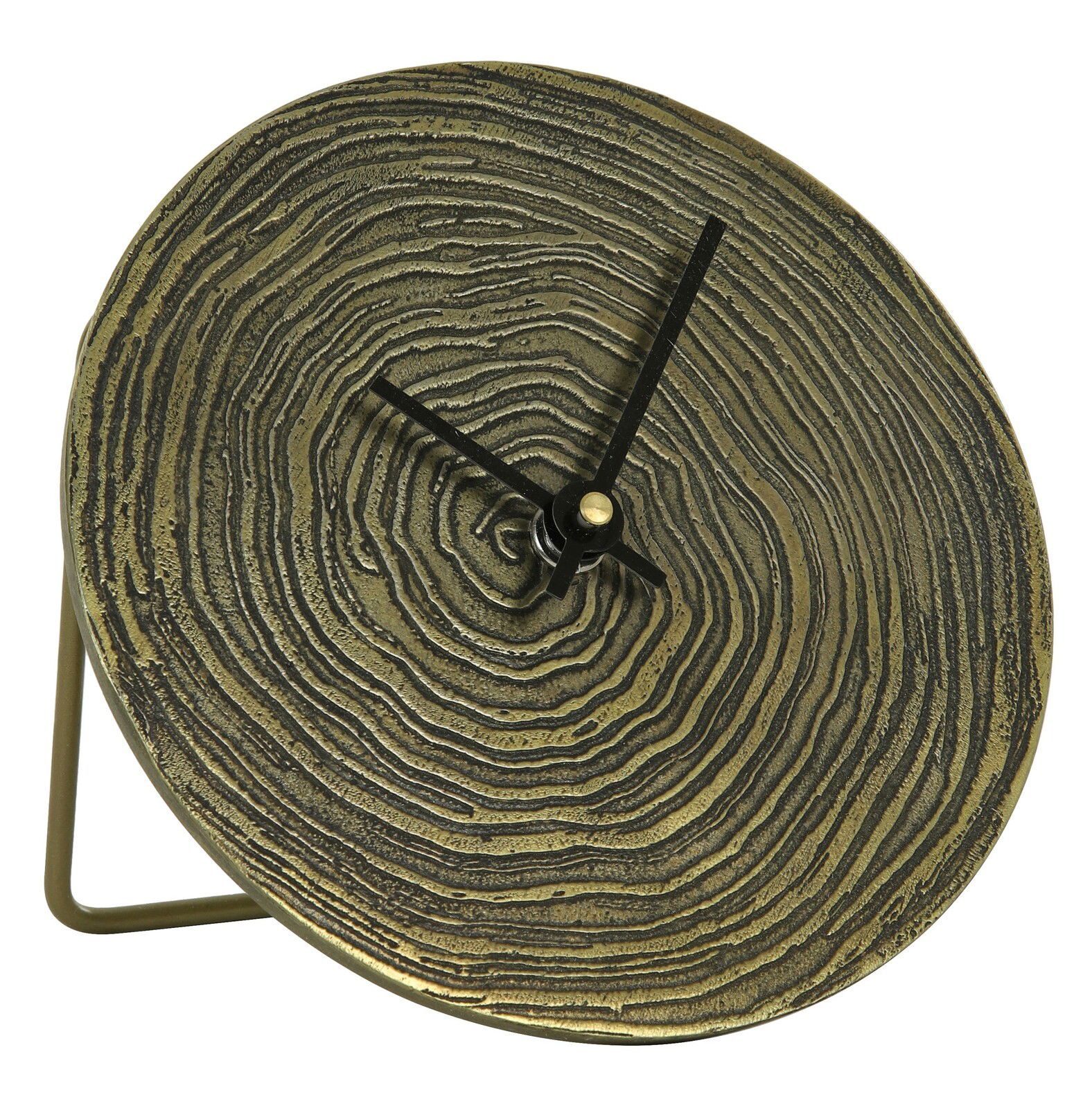 Nahaufnahme einer dekorativen Uhr mit einem Zifferblatt in Holzmaserung-Optik und schwarzen Zeigern, aus schräger Perspektive.