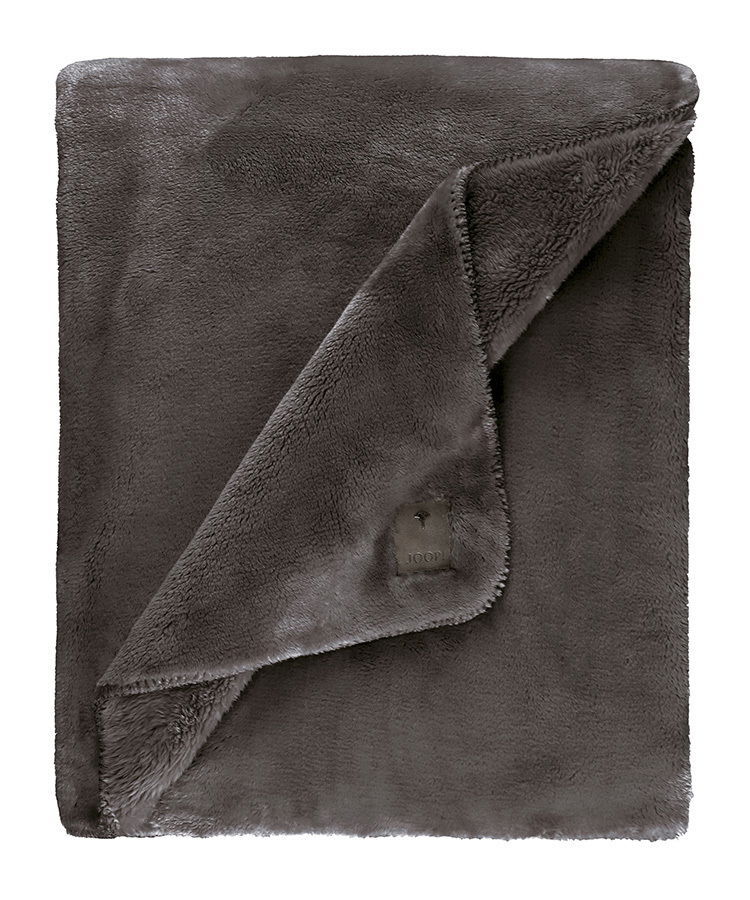 Graue Wohndecke 150x200cm aus weichem Material, teilweise gefaltet, mit sichtbarem Etikett, Draufsicht