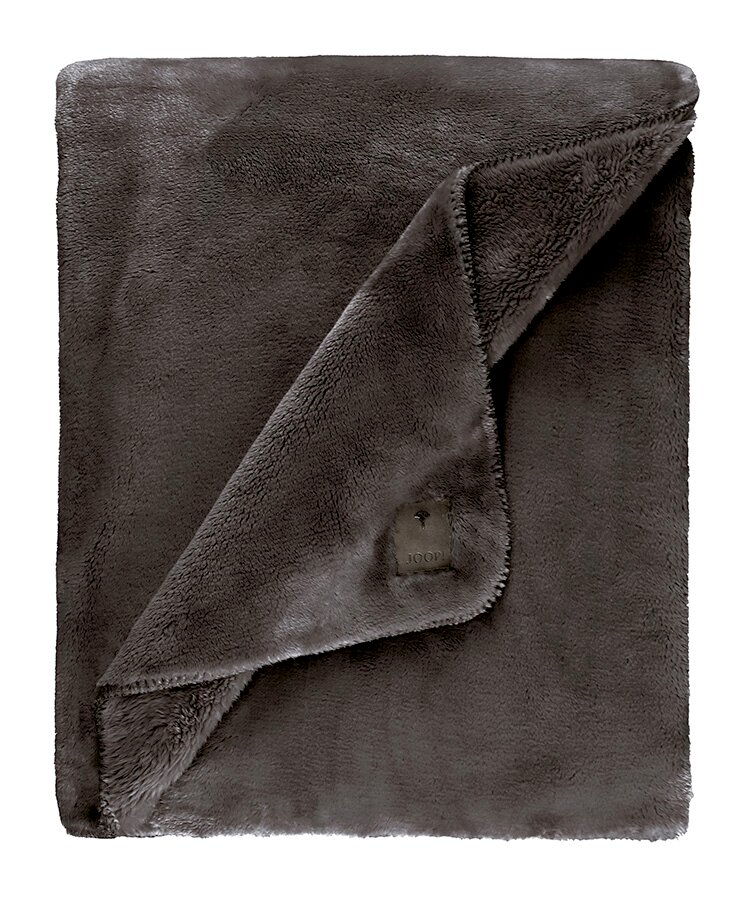 JOOP! J!SLEEK Graue Wohndecke 150x200cm aus weichem Material, teilweise gefaltet, mit sichtbarem Etikett, Draufsicht