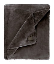 Graue Wohndecke 150x200cm aus weichem Material, teilweise gefaltet, mit sichtbarem Etikett, Draufsicht