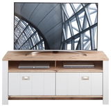 TV-Lowboard aus Holz mit weißem Akzent, zwei offenen Fächern und zwei Schranktüren, frontal fotografiert.