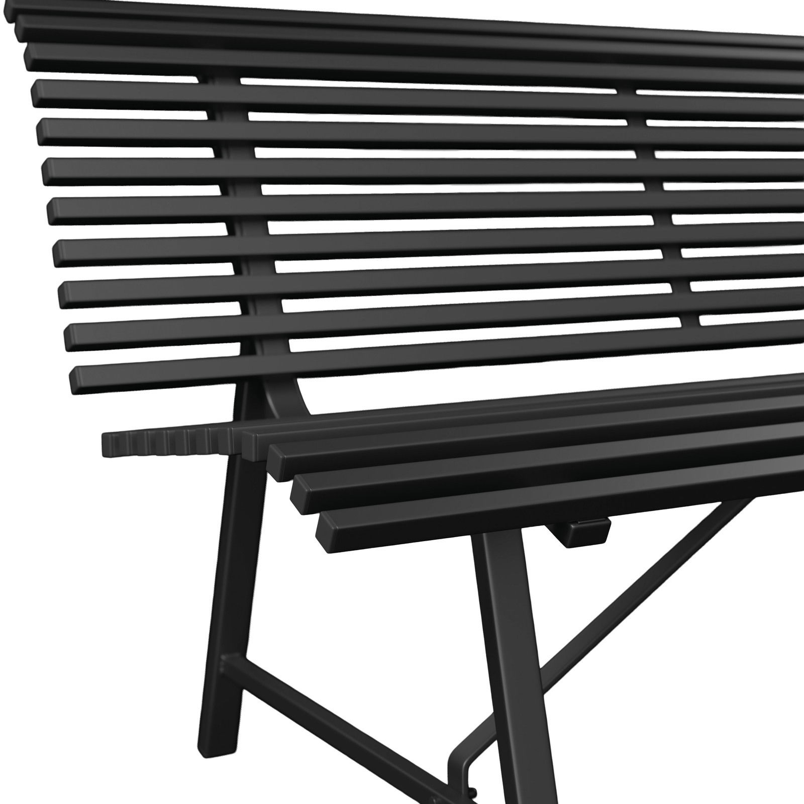 Schwarze Gartenbank aus Metall mit Lattenstruktur, seitliche Perspektive
