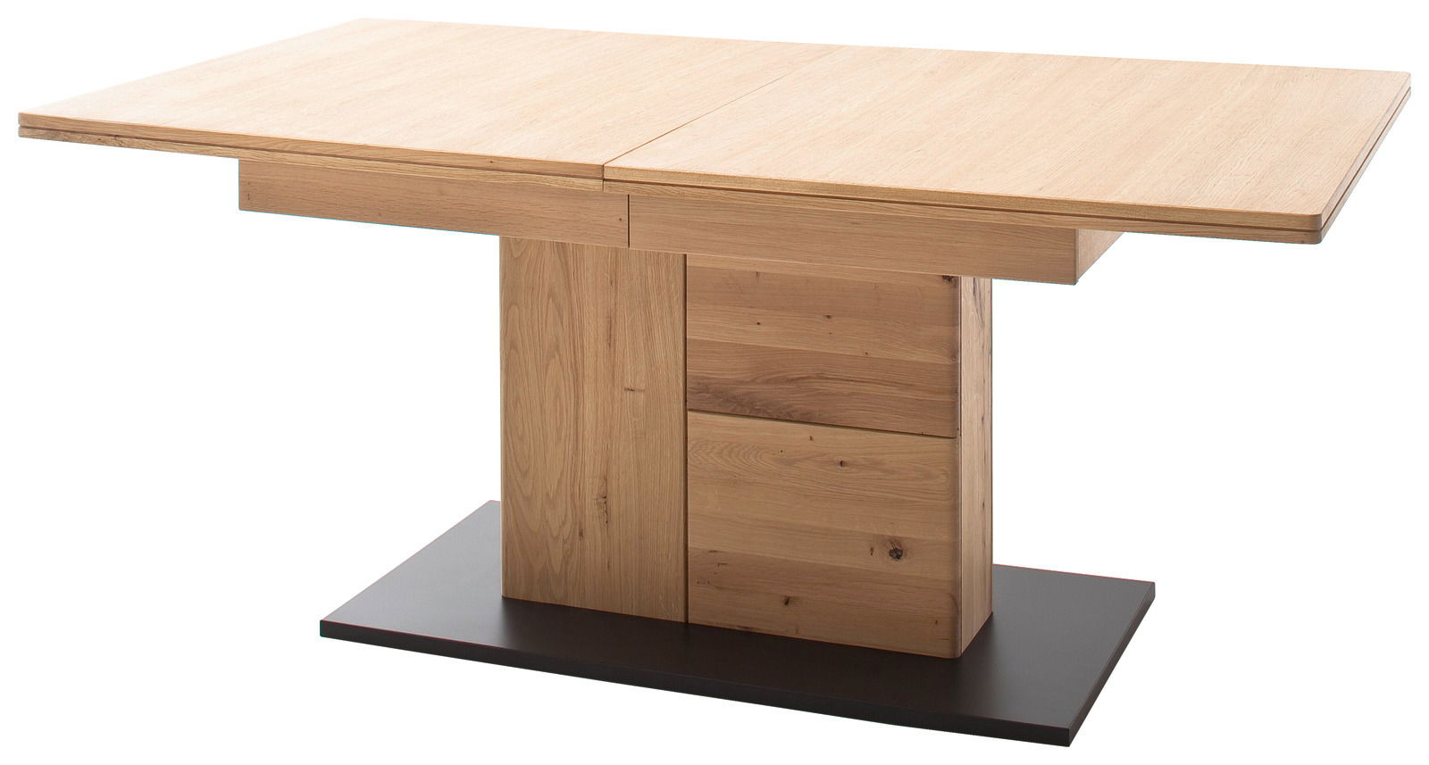 Moderner Esstisch aus Holz mit rechteckiger Tischplatte und stabiler Mittelsäule, seitliche Perspektive