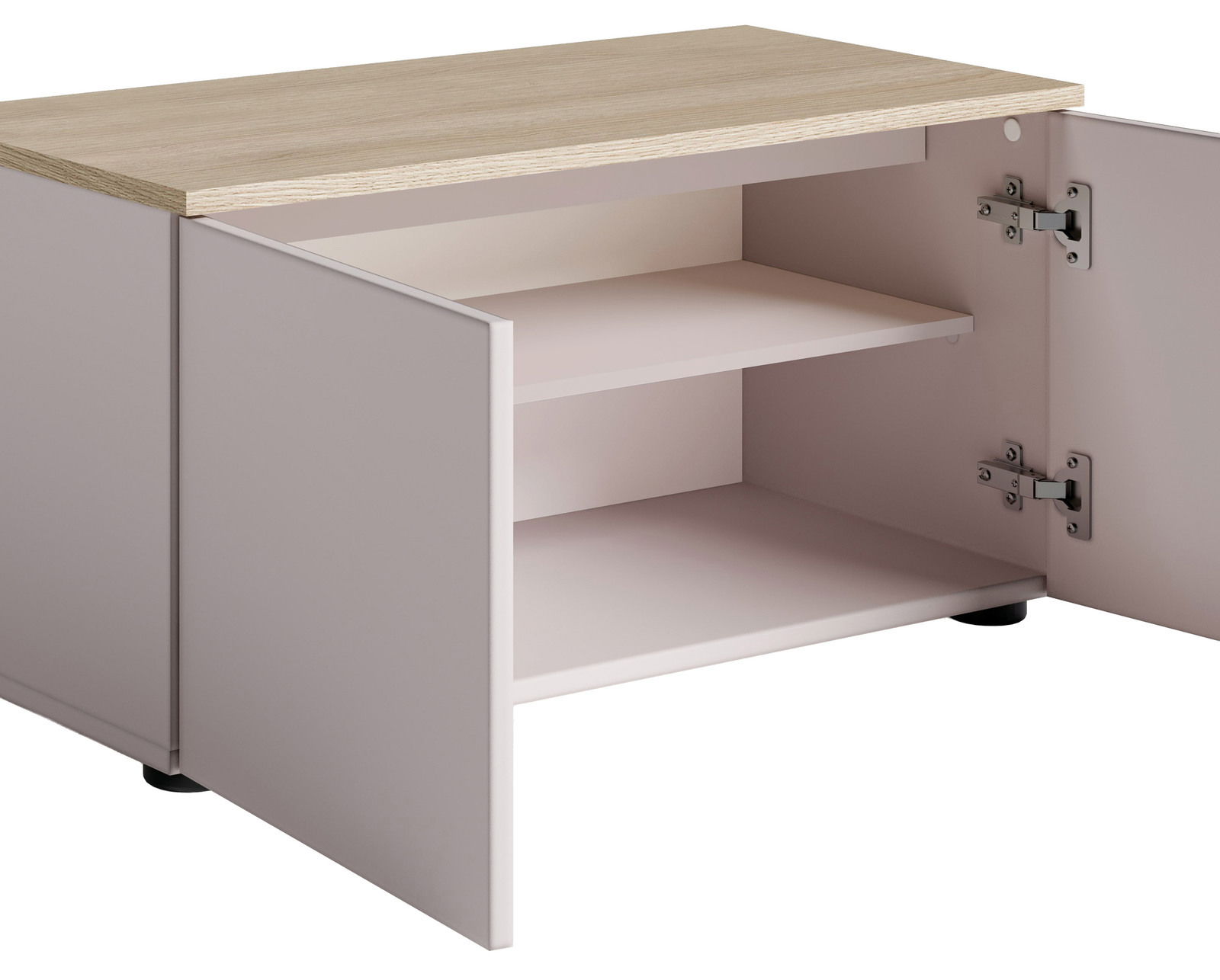 Offener Schrank mit zwei Türen, hellem Holzdeckel und zwei Einlegeböden, Perspektive von vorne rechts.