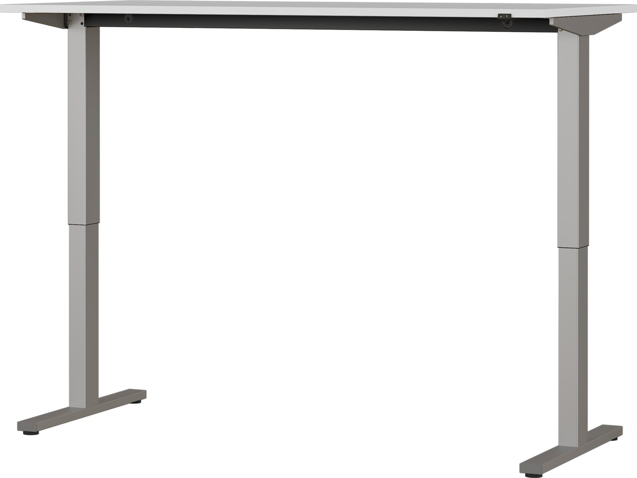 Moderner höhenverstellbarer E-Schreibtisch in seitlicher Ansicht mit grauem Gestell und weißer Tischplatte.