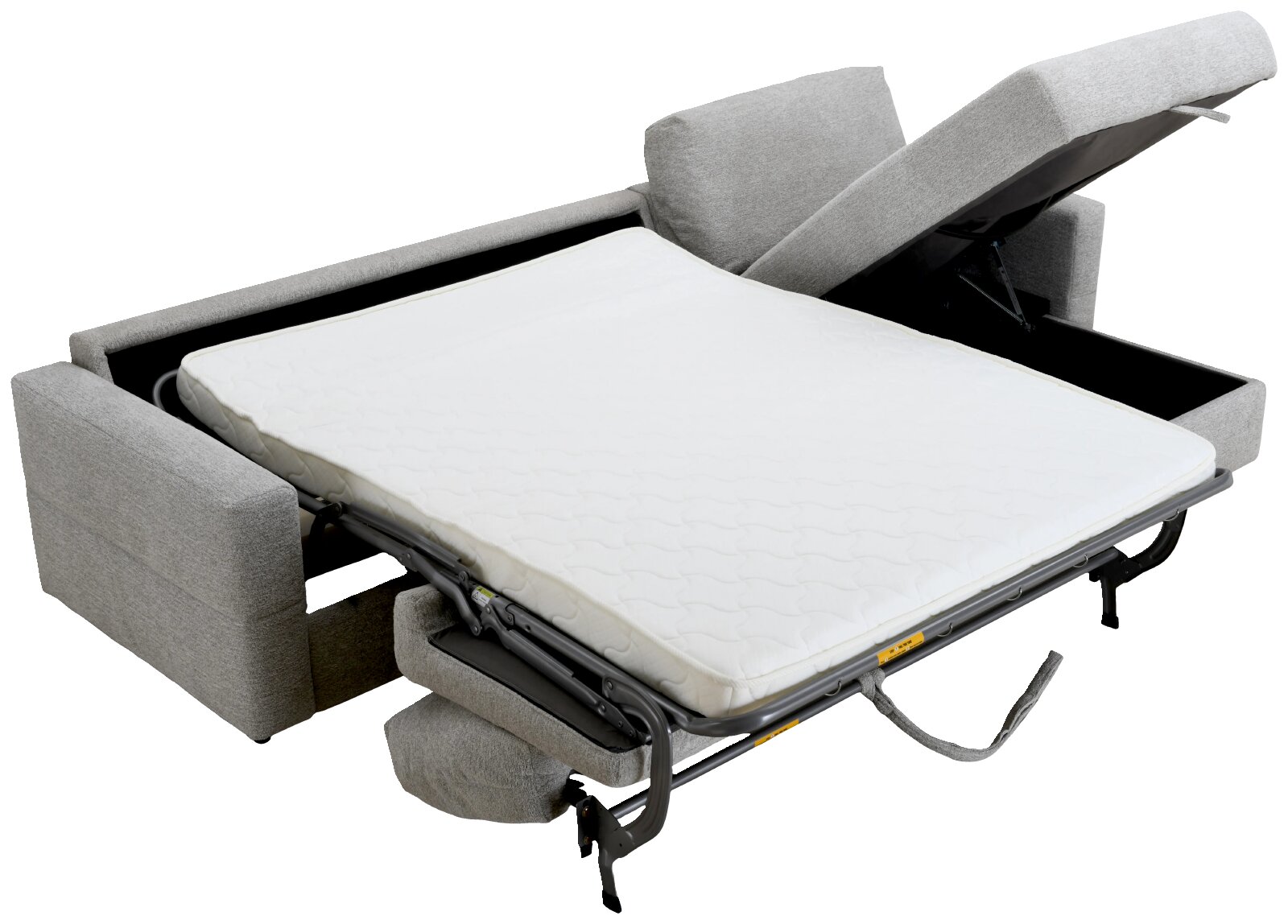 Graues Schlafsofa mit ausgeklappter Liegefläche und weißer Matratze, schräg von vorne aus erhöhter Perspektive dargestellt
