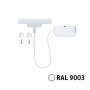 Stromeinspeisung für URAIL-System in Weiß, inklusive Montagematerial, aus der Vogelperspektive.