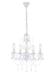 Eleganter weißer Kronleuchter mit fünf Kerzenlampen und Kristallanhängern, seitliche Perspektive