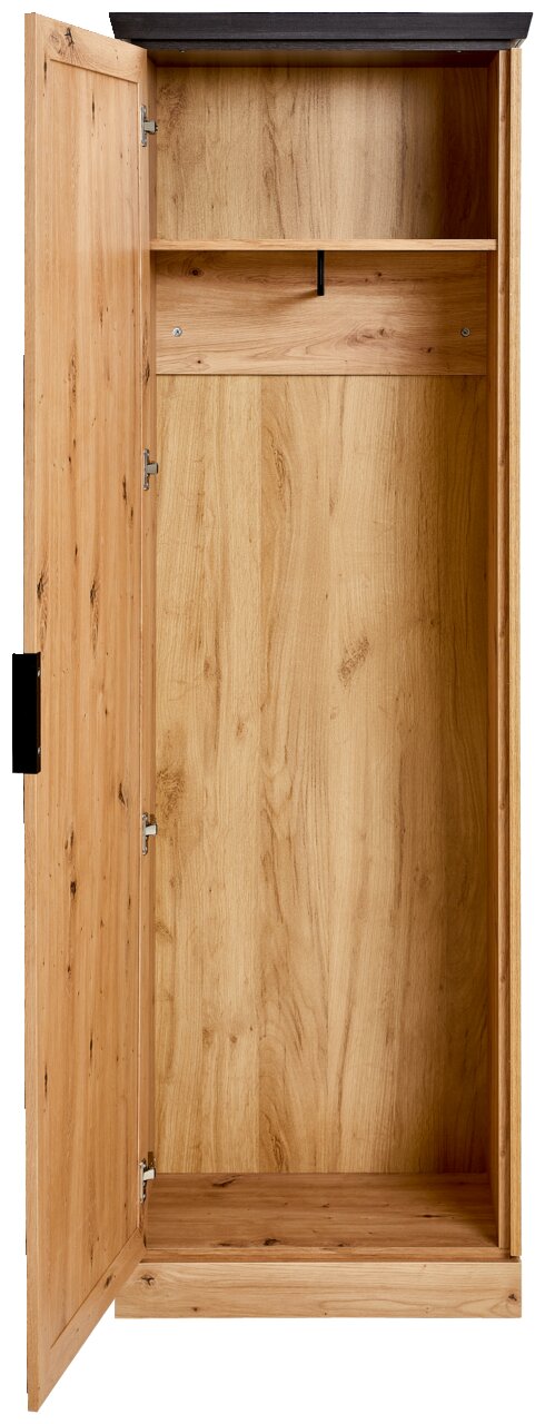 Offener Garderobenschrank aus Holz mit einer Tür, Innenansicht von vorne