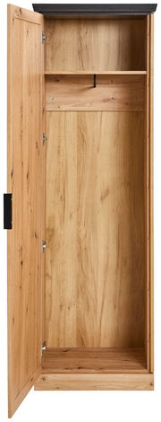 Offener Garderobenschrank aus Holz mit einer Tür, Innenansicht von vorne