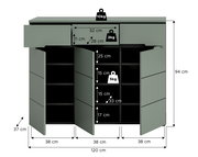 Graues Sideboard/Kommode mit drei geöffneten Türen und Innenfächern, Maßangaben und Belastungsangaben eingeblendet (B 120 cm, H 94 cm, T 37 cm), Frontansicht leicht von oben.