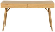 Moderner Schreibtisch aus Holz mit zwei Schubladen, frontal betrachtet.